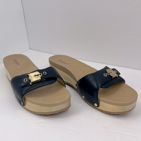 Dr Scholl’s SHOES, NAVY BLUE LEATHER TOP, ADJUSTABLE TOP STRAP, WOODEN SOLE, 9M - Picture 5 of 16